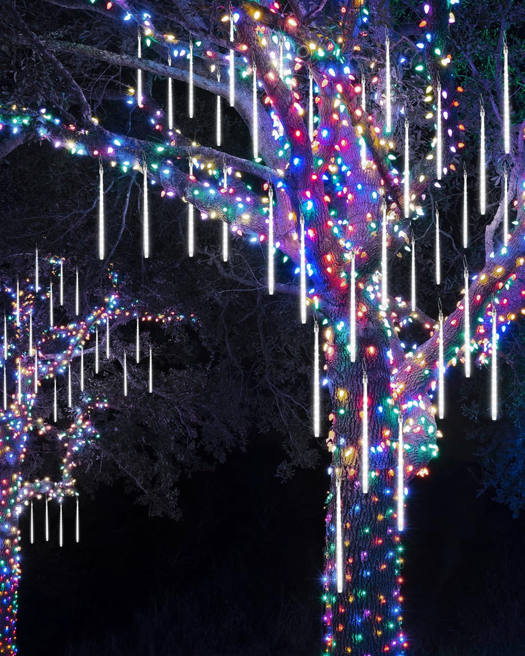 Solar Meteor Shower Icicle Lights - 20 Tubes 480 LED Raindrop Lights with Timer Function Falling Rain Lights for Holiday Party Christmas Decorations (White)