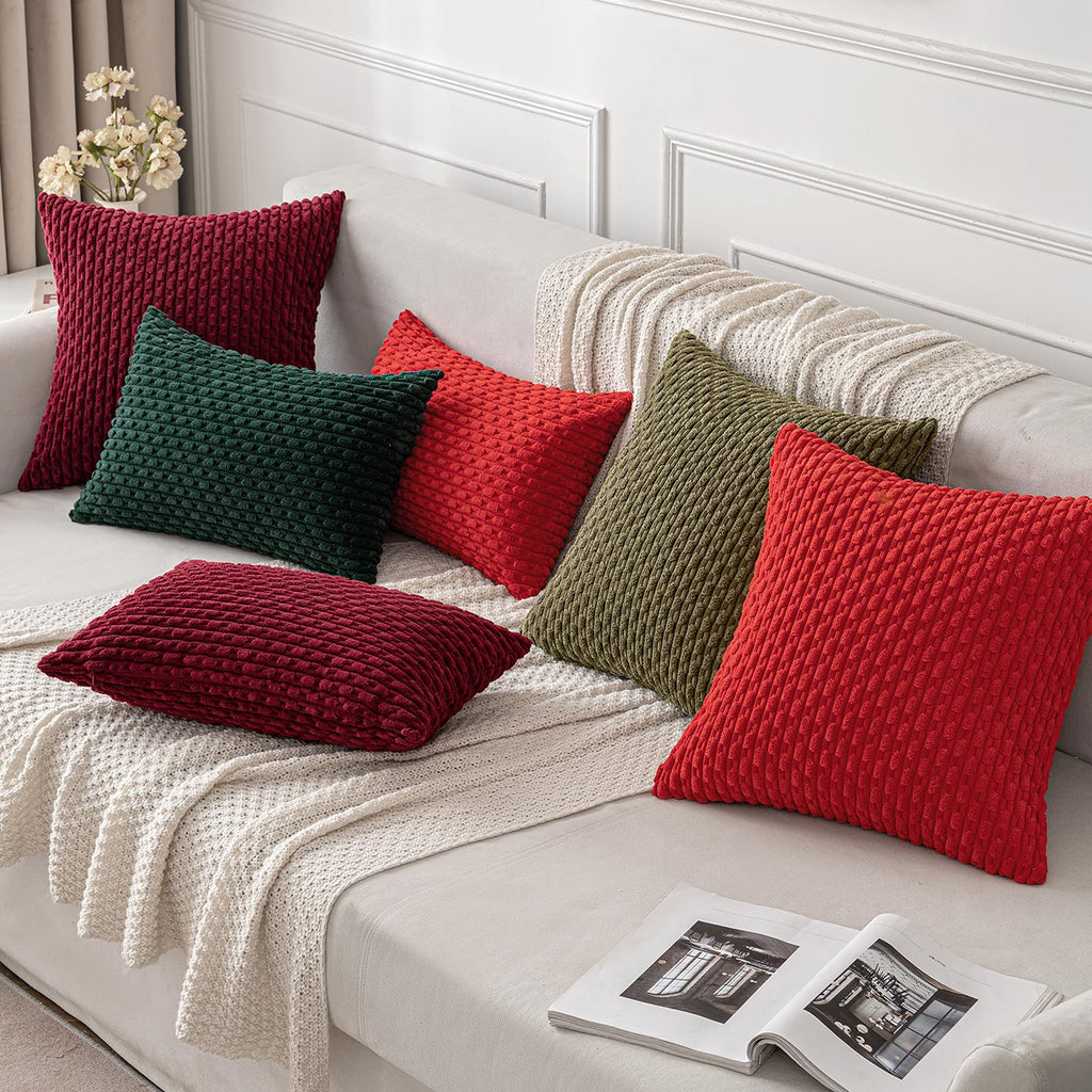MIULEE Throw Pillow Covers Soft Corduroy Decorative Set of 2 Boho Striped Pillow Covers Pillowcases Farmhouse Home Decor for Christmas Couch Bed Sofa Living Room 18x18 Inch Wine Red
