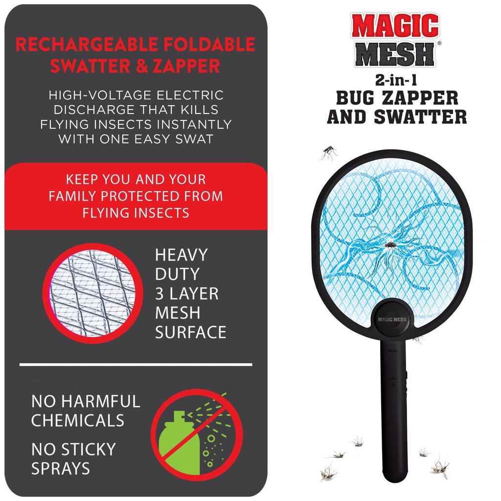Magic Mesh 2 in 1 Bug Zapper & Swatter- Rechargeable Electric Swatter & Night Zapping Lamp- Zapping Racket Kills Mosquitos, Flies, & Insects Outdoors or Indoors