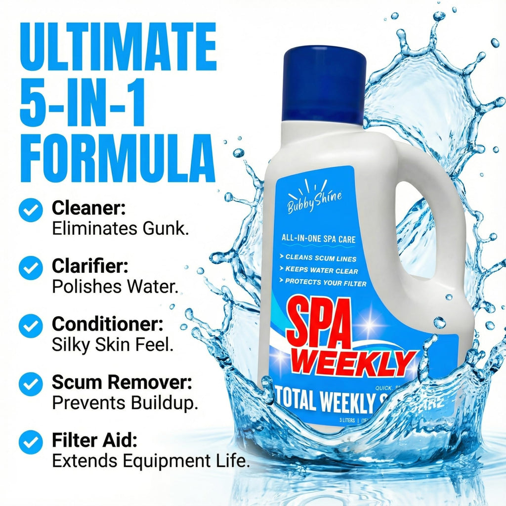 5-in-1 Hot Tub Chemicals – Spa Weekly Enzyme Cleaner & Clarifier, Scum Line Cleaner, Filter Protector + Water Conditioner, Clear Finish for Spas & Inflatable Tubs, 3 Liter (101.5 fl oz) – BubbyShine