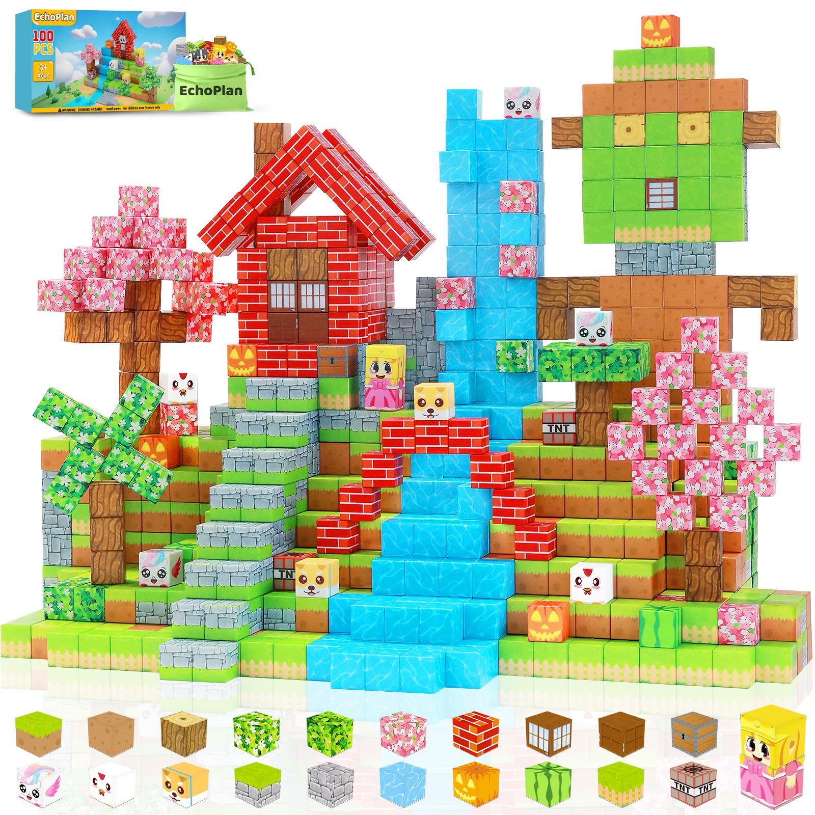 EchoPlan Magnetic Blocks, 100PCS Magnetic Building Blocks to Build a 3D World, STEM Sensory Construction Stacking Magnet Blocks Toy for Kids Ages 3+, Boys and Girls Christmas Birthday Gifts