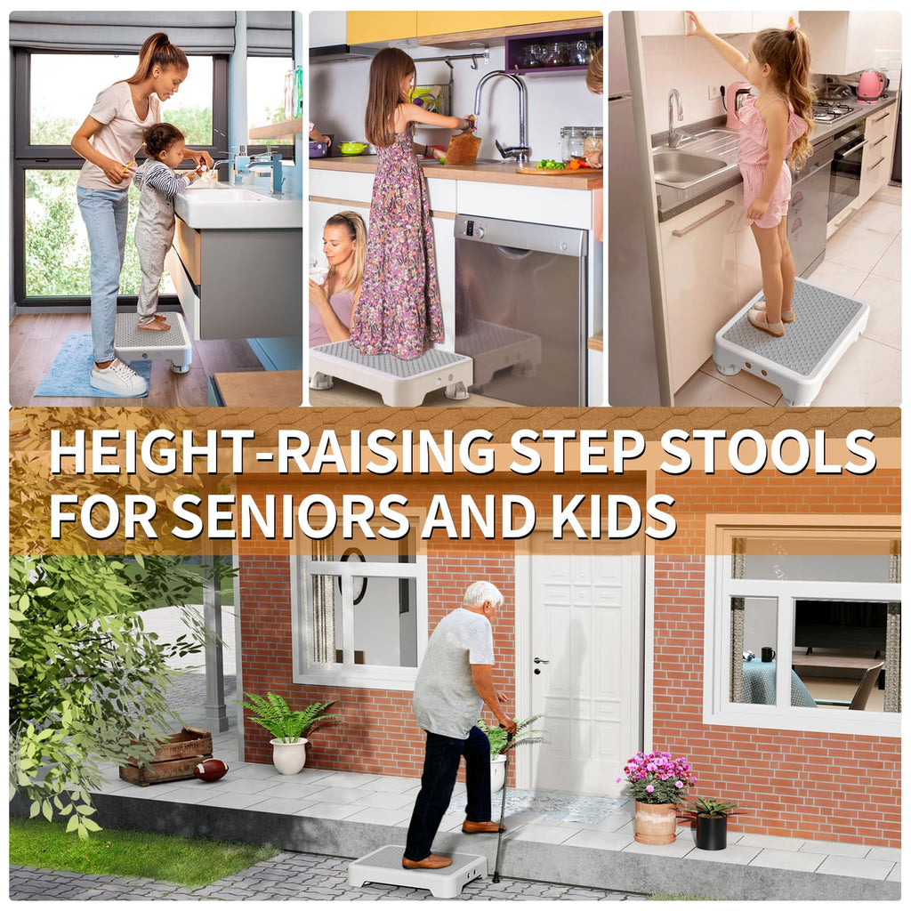 Ronlap One Step Stools for Adults, Portable Safety Step Platform for Seniors Small Plastic Bedside Step Stool Mobility Wide Step Stools Elderly Assistance for Shower Bed Car Stair Outdoor, White-Gray