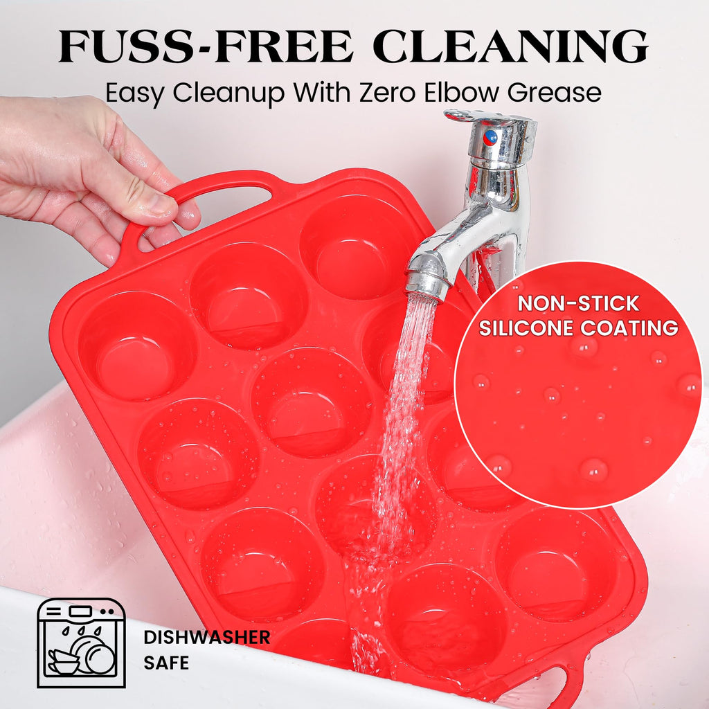 AOTASO Regular 12 Cup and Mini 24 Cup Nonstick Cupcake Pan Set Silicone Muffin Pan for Baking Silicone Cupcake Mold with Metal Reinforced Frame BPA Free (2 Pcs, Red)