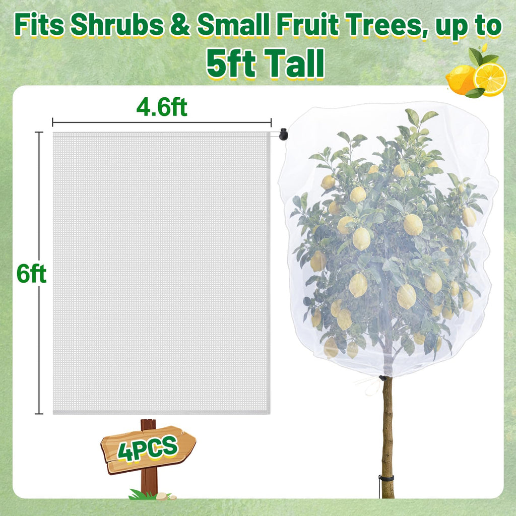 4 Pack Insect Bird Netting Cover - 4.6x6FT Garden Netting Blueberry Bushes Plant Covers with Drawstring, Fine Mesh Net for Protecting Lemon Orange Large Fruit Tree from Barrier Squirrel Deer