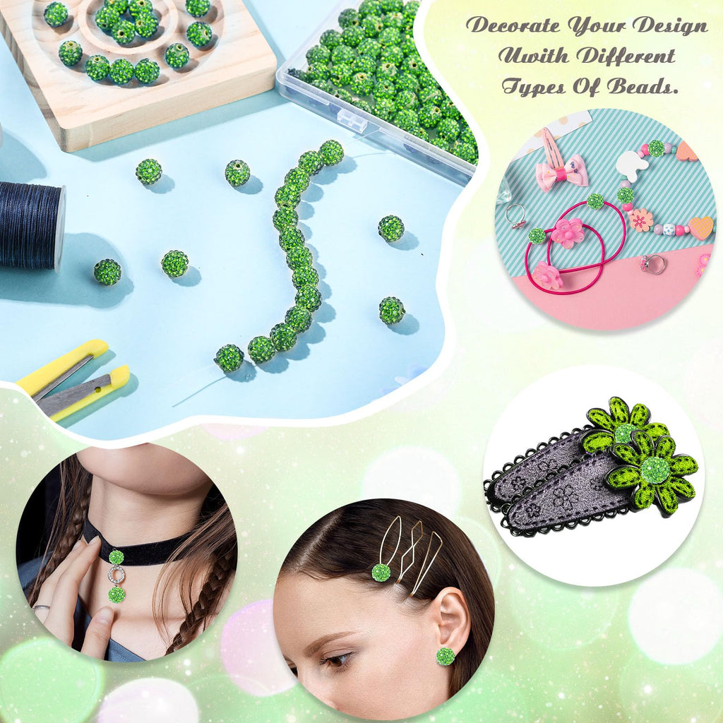 Hicarer 120 Pcs Rhinestone Beads for Jewelry Making 10mm Shiny Crystal Diamond Clay Beads Disco Ball Polymer Clay Round Bead Bulk for Crafting DIY Bracelet Necklace Earring Christmas(Fruit Green)