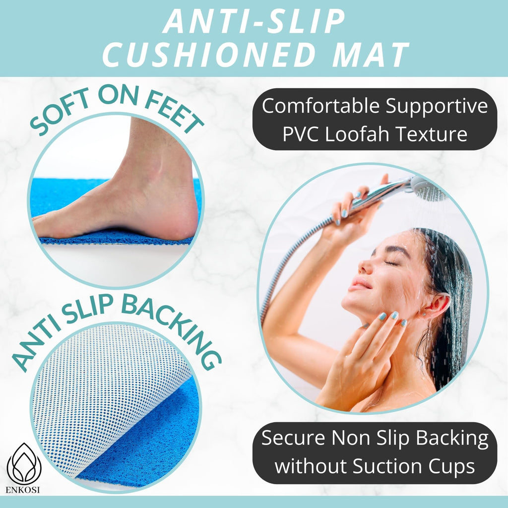Anti Slip Shower Mat Square - Non Slip Shower Mats for Inside Shower - 24x24 Shower Floor Mat Non Slip - Square Bath Mat for Shower - Soft Secure Loofah Shower Mat Without Suction Cups (24x24 Blue)