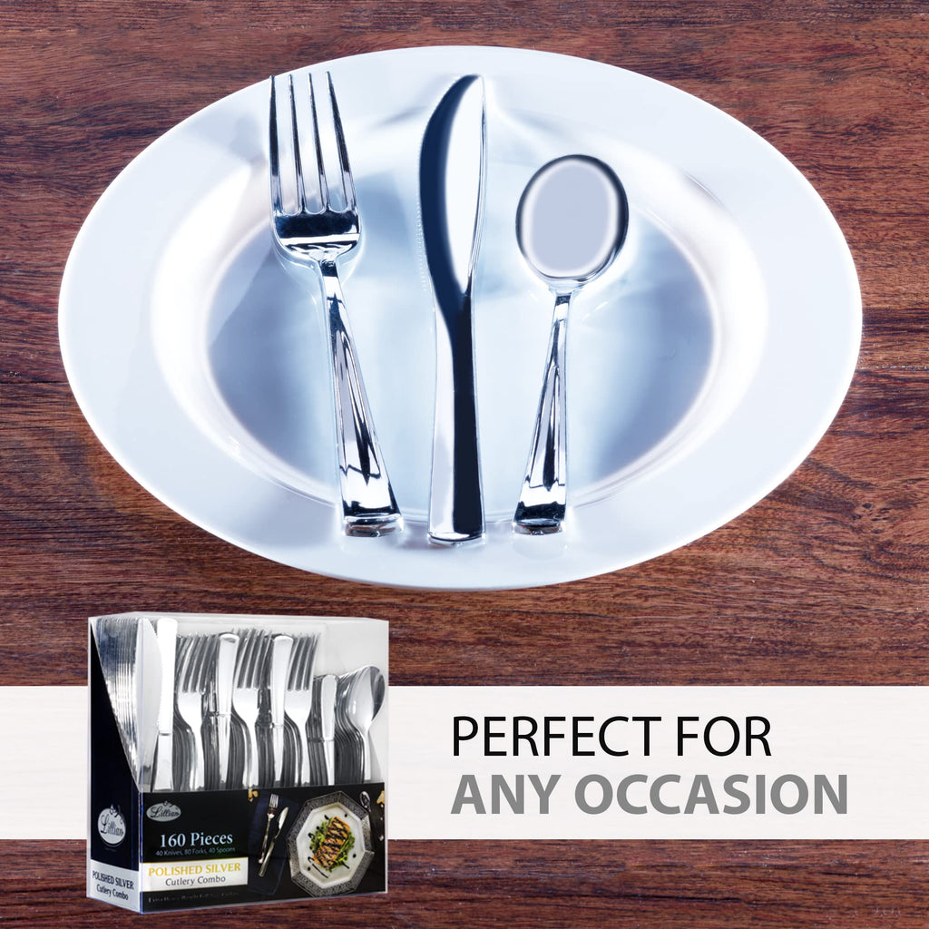 Plastic Cutlery Silverware Extra Heavyweight Disposable Flatware, Full Size Cutlery Combo, Polished Silver, 80 Forks, 40 Spoons, 40 Knifes, Value Pack 160 Count