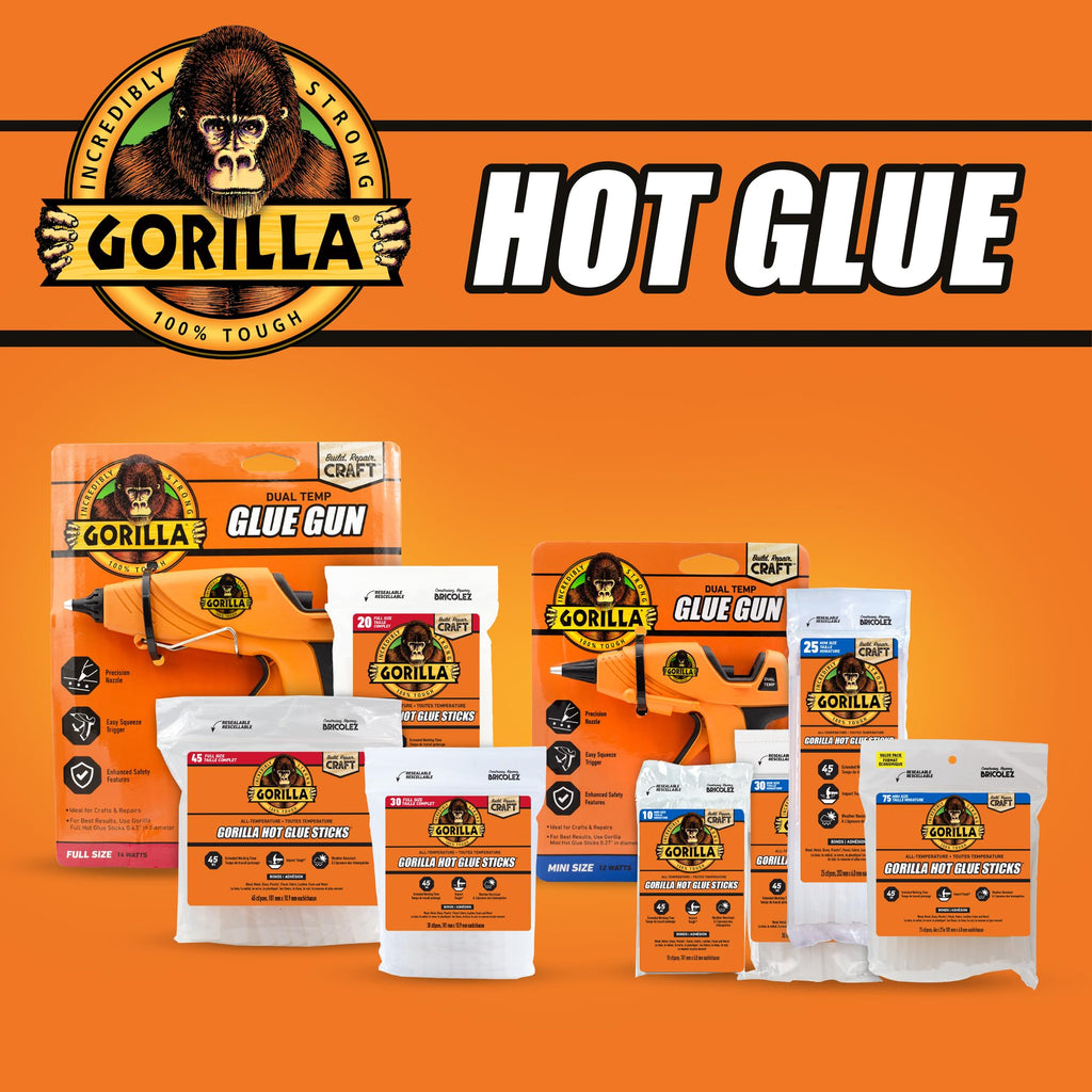 Gorilla Dual Temp Mini Hot Glue Gun Kit with 30 Hot Glue Sticks, Precision Nozzle, and Easy Squeeze Trigger, for DIY, Craft, Repairs, and More, Orange (Combo Pack:1 Mini Gun, 30 Glue Sticks)