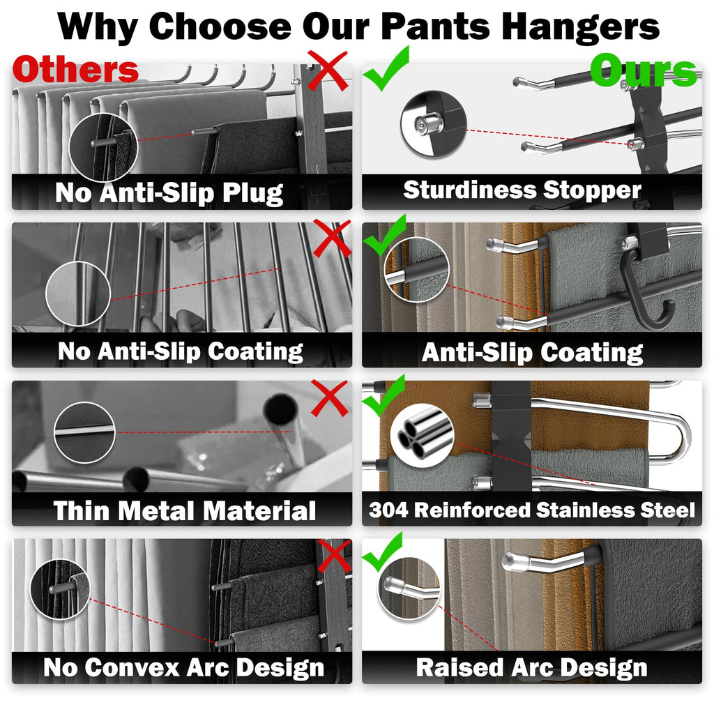 Pants Hangers Space Saving - 2 Pack Closet Organizer and Storage Jean Hangers, Stainless Steel Anti-Slip Clothes Hanger Scarf Holder for Pants Jeans Leggings Trousers Pant Rack, Black