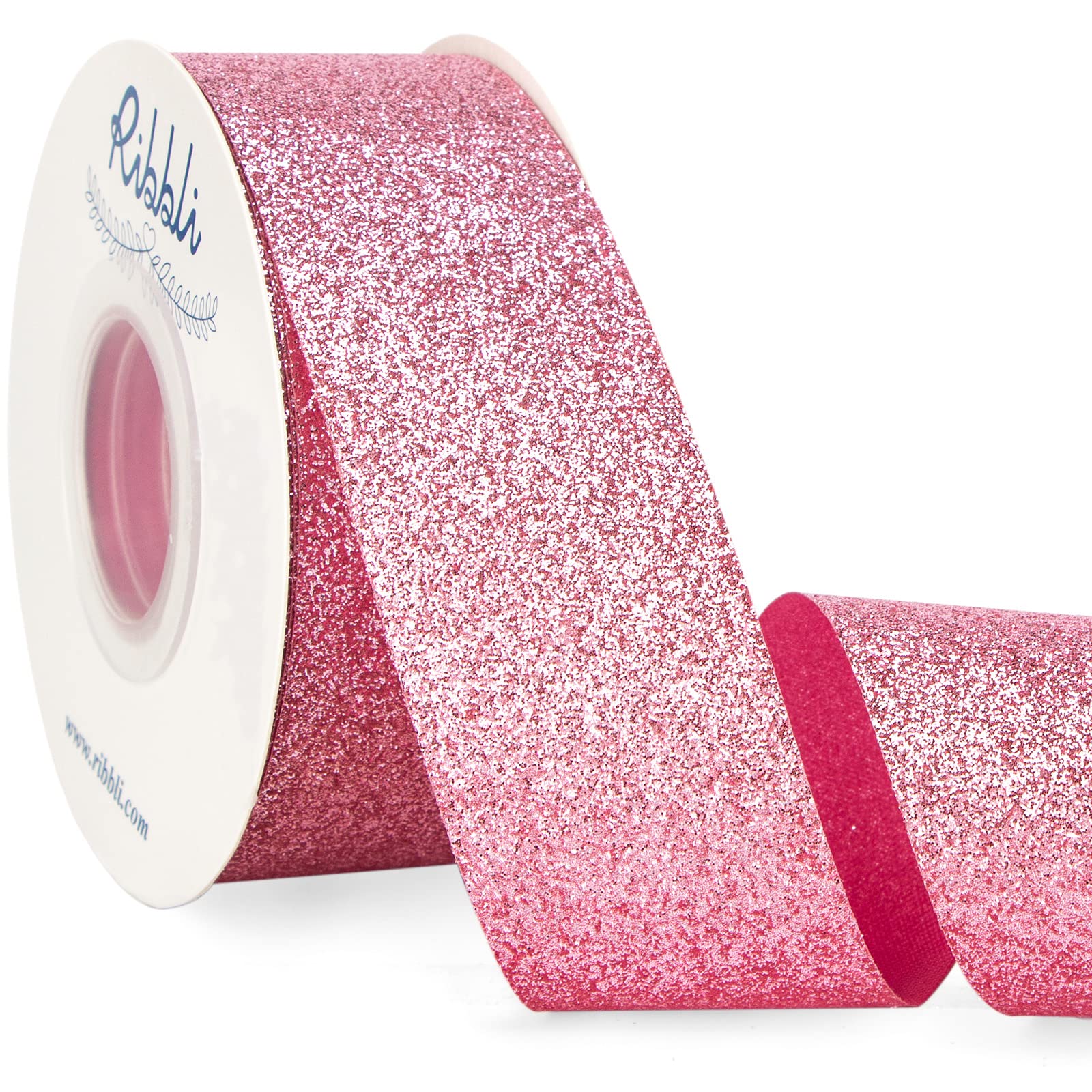 Ribbli Pink Glitter Ribbon,Gift Wrapping Ribbon Pink Cut Edge Christmas Ribbon for Crafts, Chritmas Tree Decoration,Ornaments Decoration,Home Decor, 1-1/2 Inch x 25 Yards