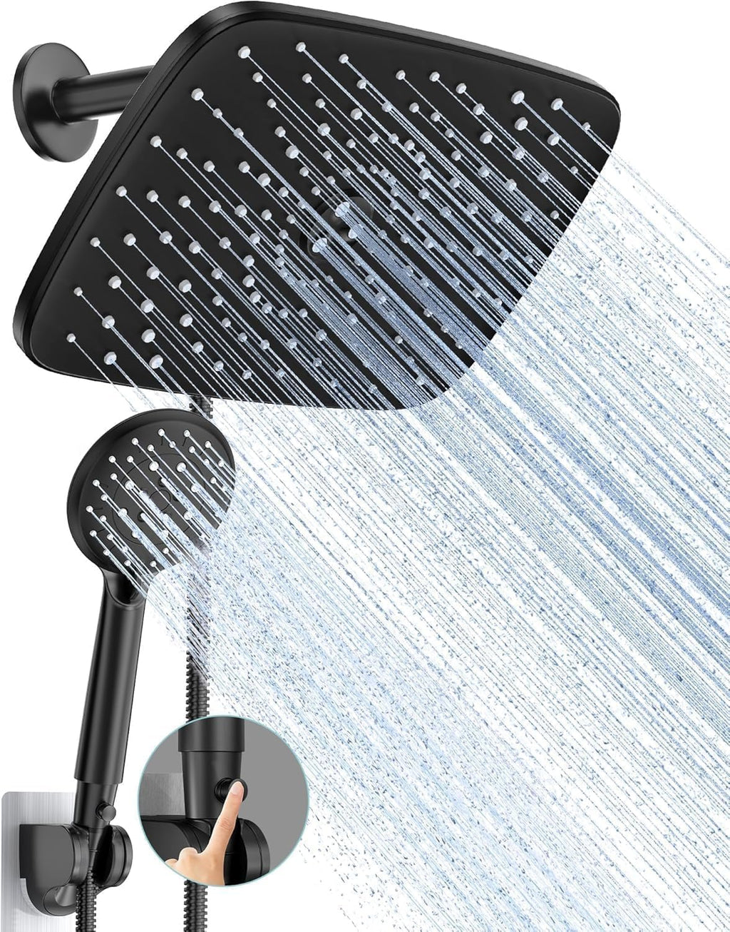 Veken 11.8 Inch Rain Shower Head with Handheld- High Pressure Dual Shower Heads with 5 Modes Hand held Spray Combo- Wide Rainfall Showerhead with Hose, Bathroom Accessories, Matte Black