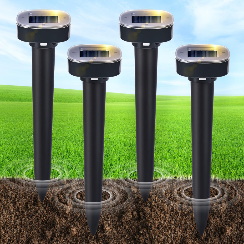 4 Pack Mole Repellent Solar Powered, Snake & Skunk & Vole & Gopher & Armadillo & Rabbit & Groundhog & Chipmunk & Raccoon Repellent for Yard, IP65 Waterproof Ultrasonic Deterrent for Lawns Garden