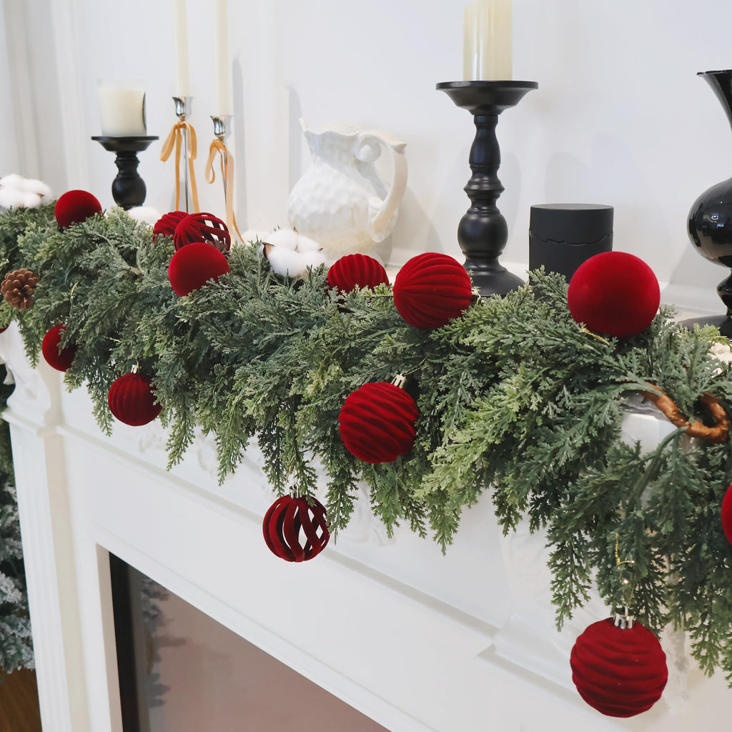 Senjie 3.15inch Burgundy Velvet Christmas Ornaments Balls Flocked Christmas Tree 12PCS Plastic Balls Xmas Hanging Ornaments Decoration Red