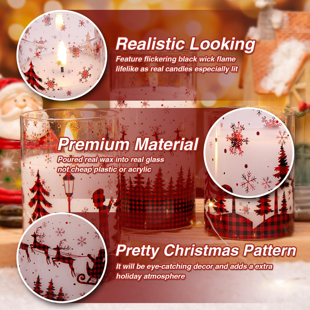 Eywamage Red Buffalo Plaid Christmas Flameless Candles with Remote, Flickering LED Pillar Candles in Glass Set of 3