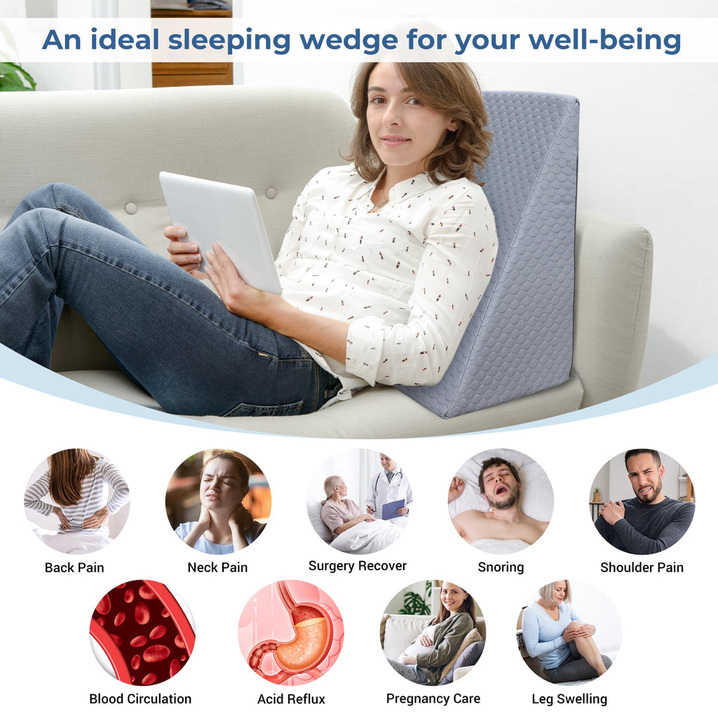 COOLBEBE Bed Wedge Pillow for Sleeping, 12" Elevated Wedge Pillow for Sleep Apnea with Washable Cover, 12Inch Foam Wedge Triangle Pad for Acid Reflux, Gerd, Snoring and After Surgery(Grey)