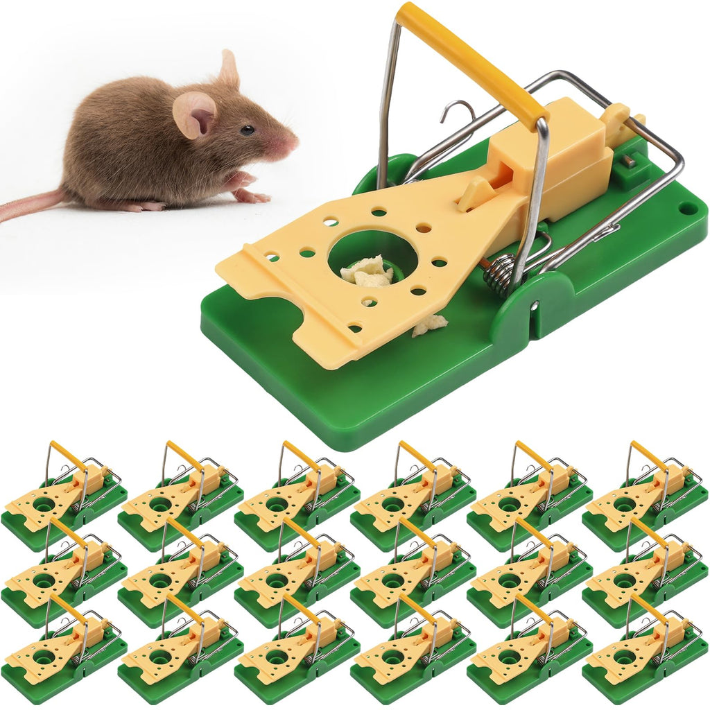 Qualirey 12 Pcs Mouse Traps Green Plastic Mice Trap Rat Traps House with Yellow Cheese Color Board Quick Sensitive Effective Mouse Trap Safe Reusable Sanitary Mice Traps for House, Garage, Outside