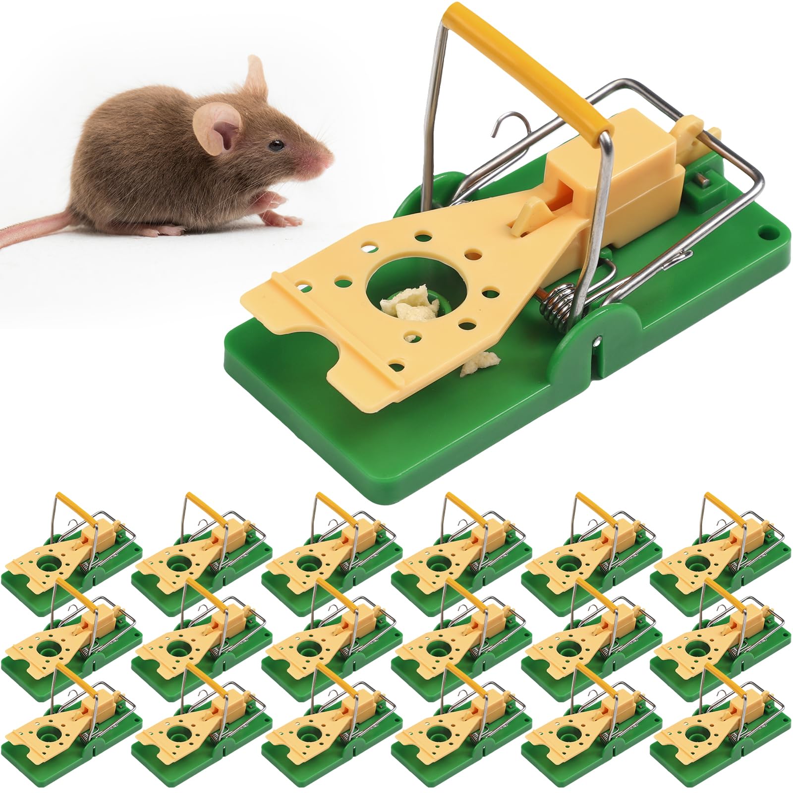 Qualirey 12 Pcs Mouse Traps Green Plastic Mice Trap Rat Traps House with Yellow Cheese Color Board Quick Sensitive Effective Mouse Trap Safe Reusable Sanitary Mice Traps for House, Garage, Outside