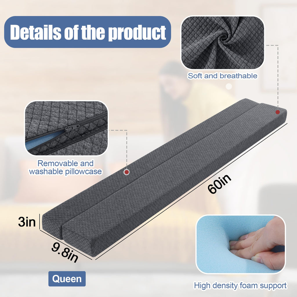 BALAPET Flodable Pillow for Headboard Gap,Bed Gap Filler Queen Size,Adjustable Bed Wedge Pillow for Headboard,Rectangular Bed Gap Filler,Foam Mattress Gap Filler(Gray,60 * 9.8 * 3in)