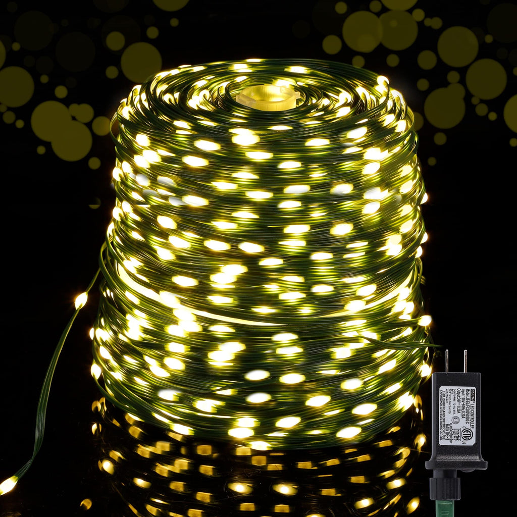 WATERGLIDE Extra Long 328 FT Fairy String Lights, 1000 LED Outdoor Christmas Lights, Green PVC Copper Wire Lights, Plug in 8 Modes & Waterproof for Xmas Tree Holiday Wedding Party Decor, Warm White