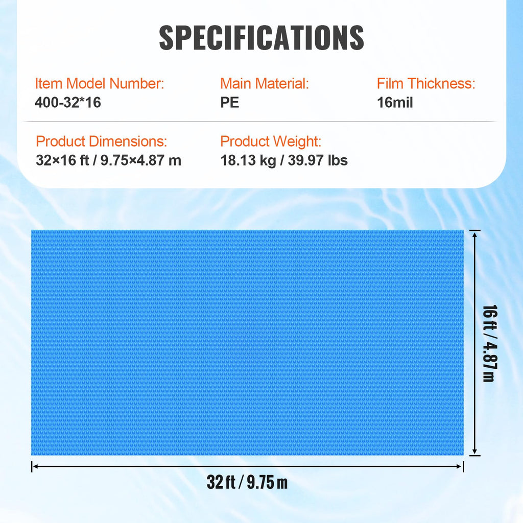 VEVOR Solar Pool Cover, 32 x 16 ft Rectangle Solar Blanket for Pools, 16 mil Solar Covers for Inground Above Ground Swimming Pool Solar, Blue