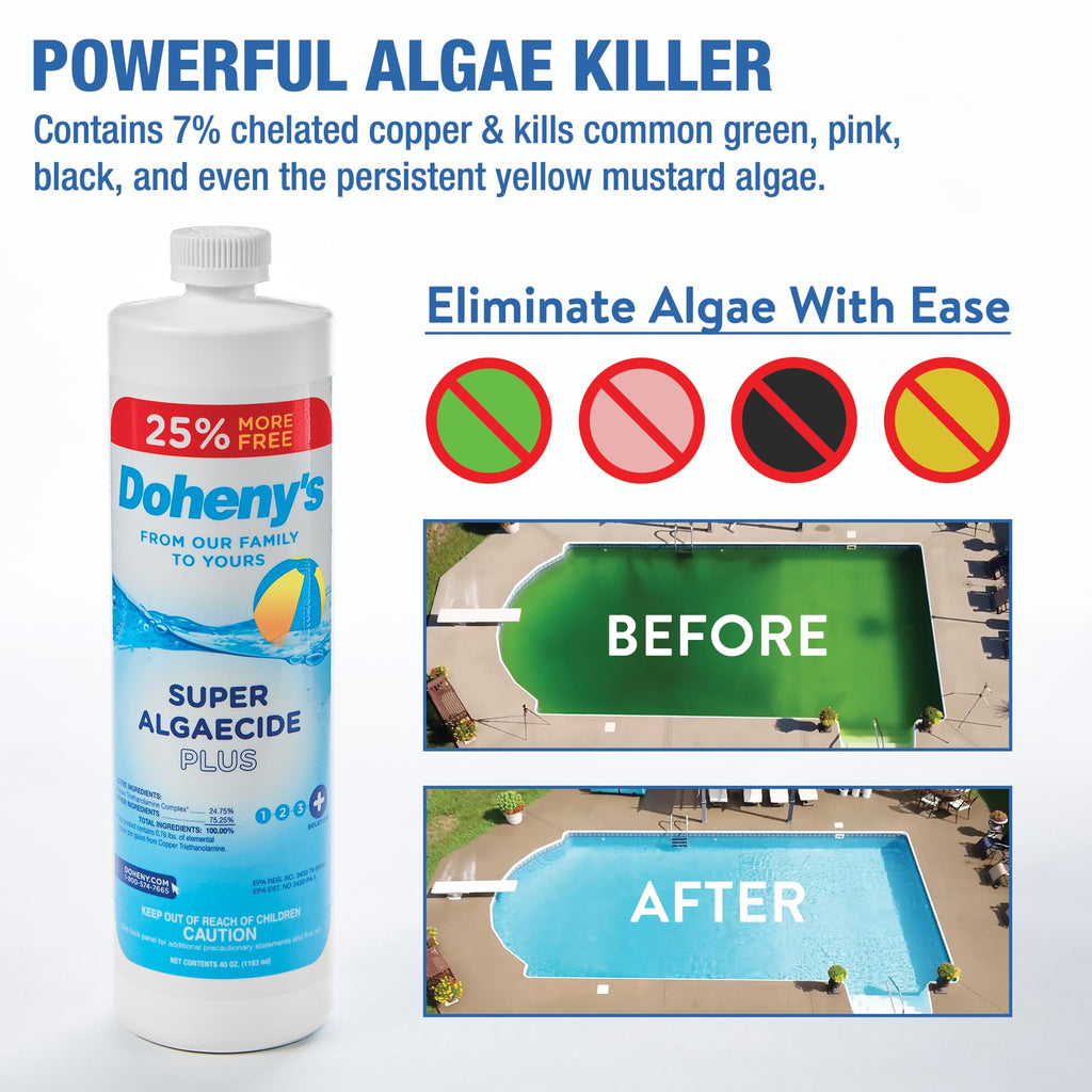 Doheny's Super Algaecide Plus | Pro-Grade | Effective Against Most Algae Types | 7.1% Chelated Copper (Chelated to Reduce Staining) | Non-Foaming, No Clouding | Safe to Swim After Use | 40oz Bottle