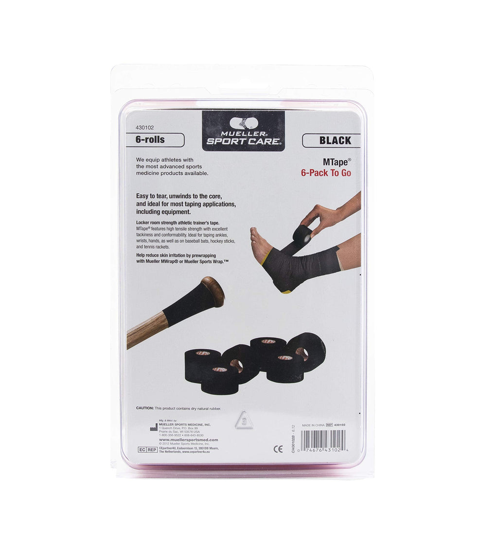 MUELLER Sports Medicine MTape Rolls To Go, Quality Athletic Tape, Easy to Tear for Fast & Effective Taping, 1.5" x 10 Yards Per Roll, 6 Rolls, Black
