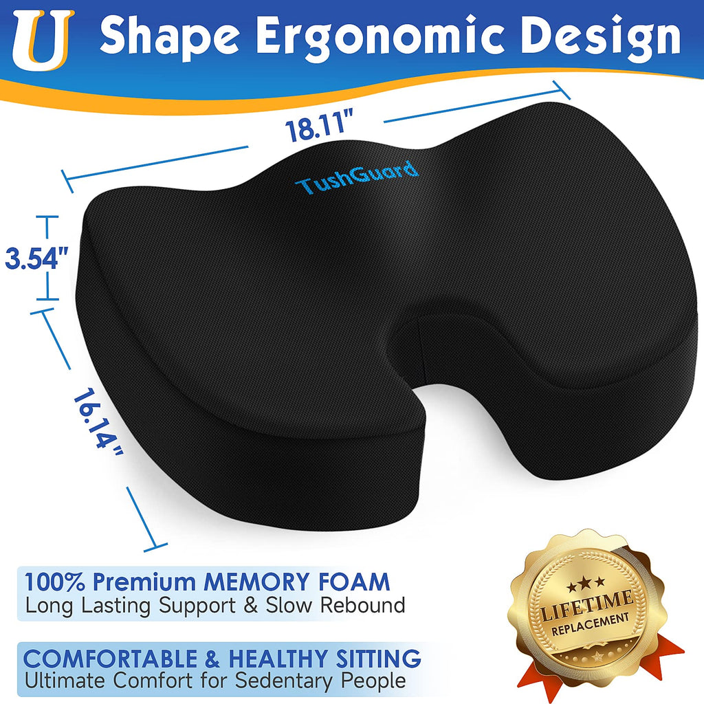 TushGuard Seat Cushion for Office Chair Memory Foam Non-Slip Cushion Back, Coccyx, Sciatica, Tailbone Pain Relief Butt Pillow for Office Chair, Car, Wheelchair, Black, X-Large