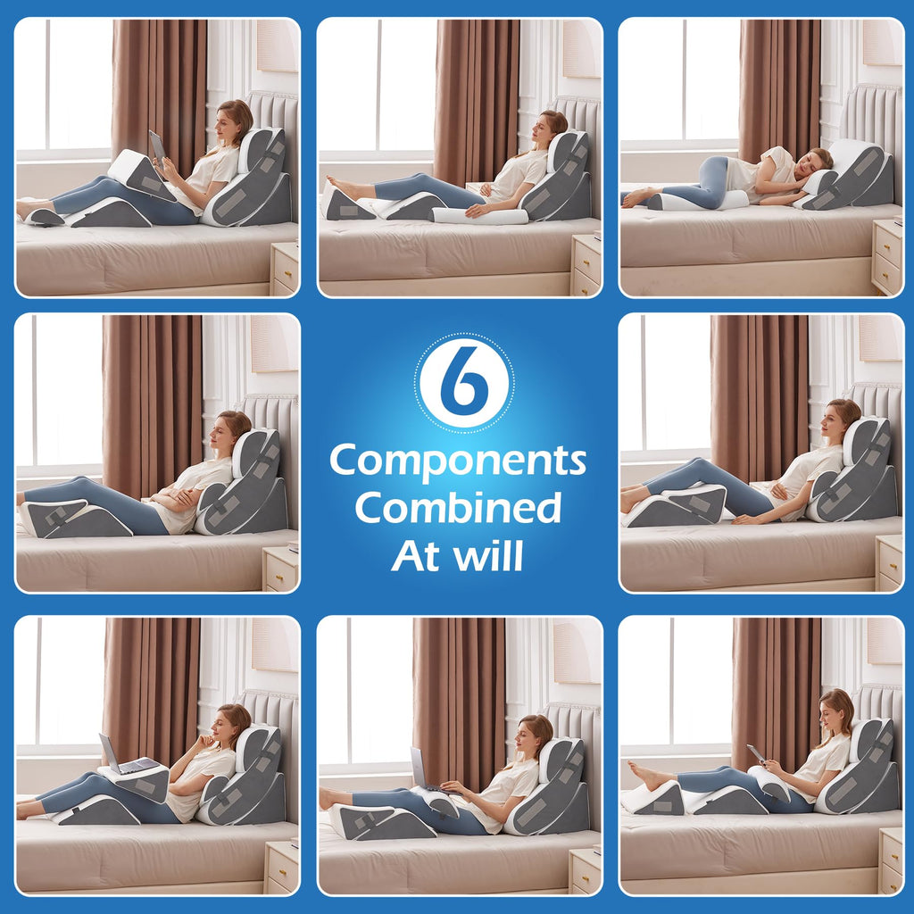 Ahpmeoa 6PCS Wedge Pillow Set for After Surgery, Orthopedic Bed Wedge Pillow for Headboard, Memory Foam Back Pillow for Bed Sitting Up, Sit Up Pillow for Acid Reflux Relief, GERD, Anti Snoring (White)