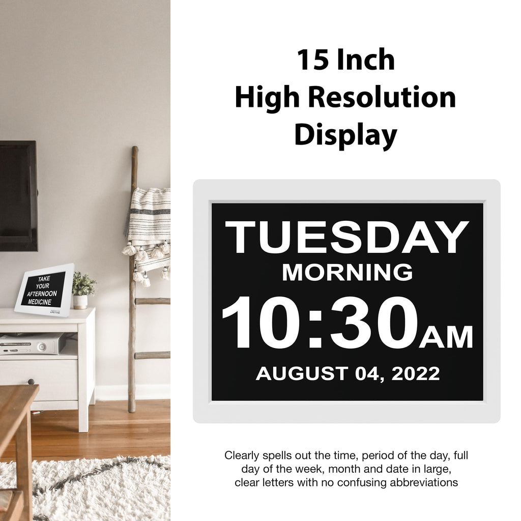 American Lifetime 【New 2024 Dementia Clock Large Digital Clock for Seniors, Digital Clock Large Display, Custom Alarms, Clock with Day & Date for Elderly, Large Number Digital Clock White, 15 Inch