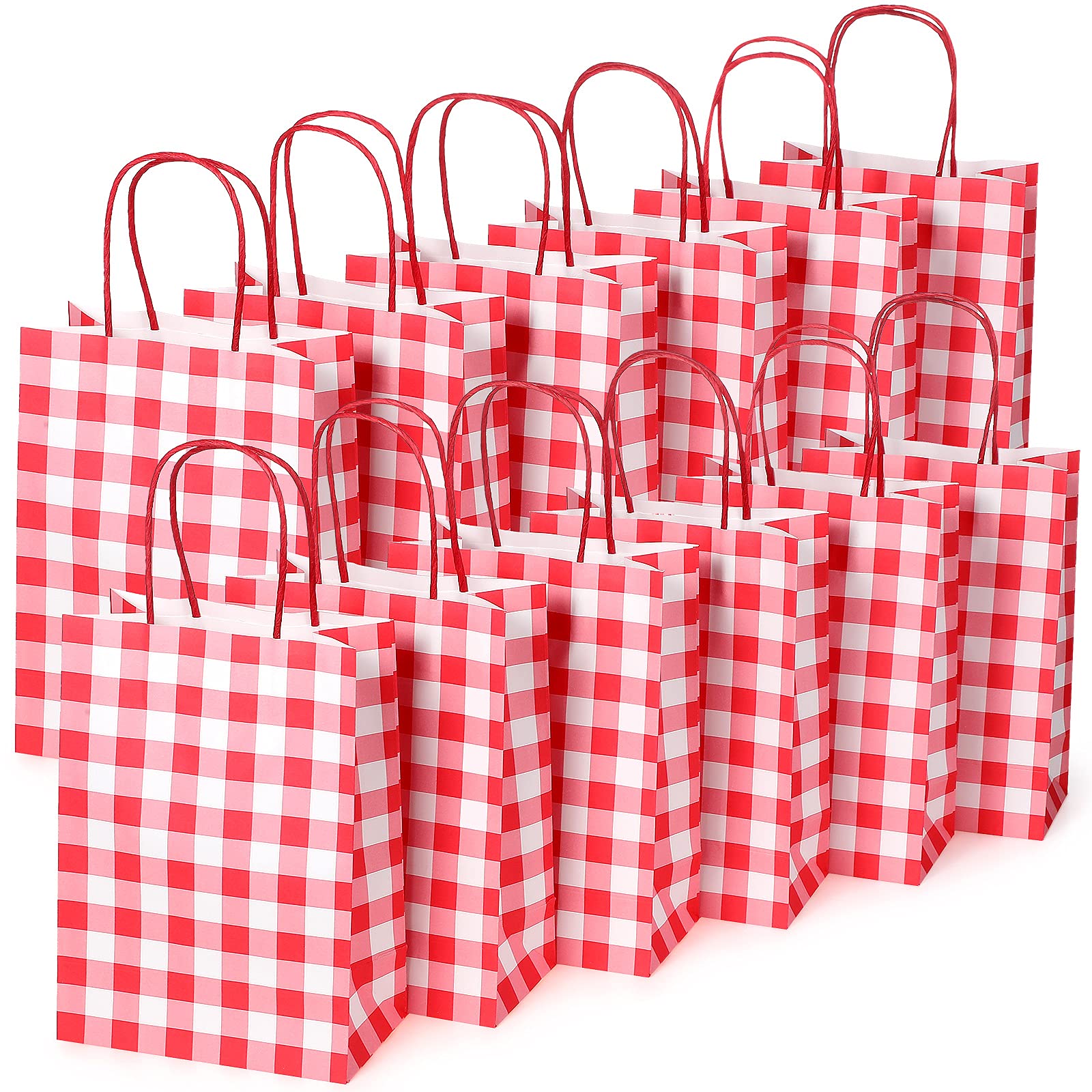 30 Pieces Gingham Gift Bags Kraft Paper Bag Christmas Buffalo Plaid Bag Present Bag Party Favor Bag with Handle Goody Bag for Christmas Birthday Party Supplies, 5.91 x 8.27 x 3.15 Inch (Red White)
