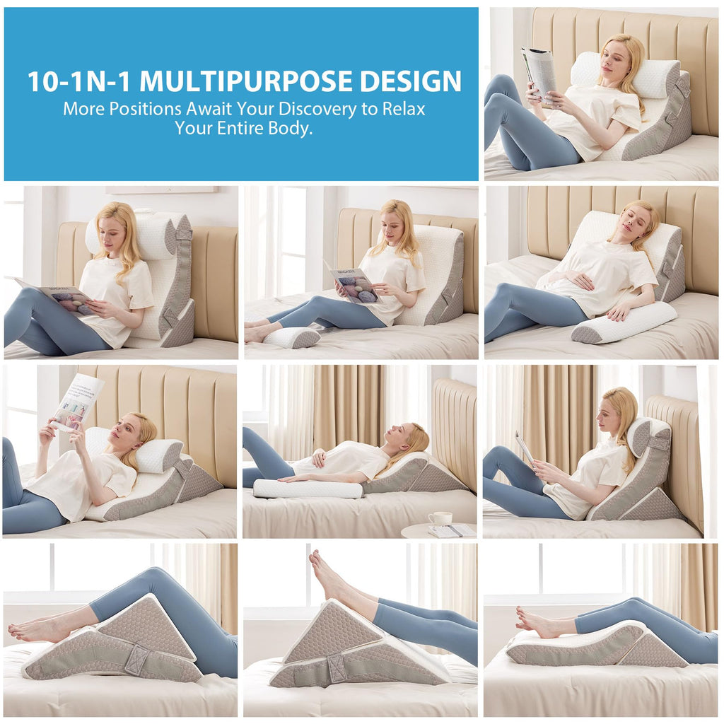 MEGCXIT 3PCS Bed Wedge Pillow for Sleeping, Adjustable Memory Foam Wedge Pillow for Back Leg Pain Relief, 23” Wide Triangle Pillow Wedge for Post Surgery, Acid Reflux, GERD & Snoring, White/Grey