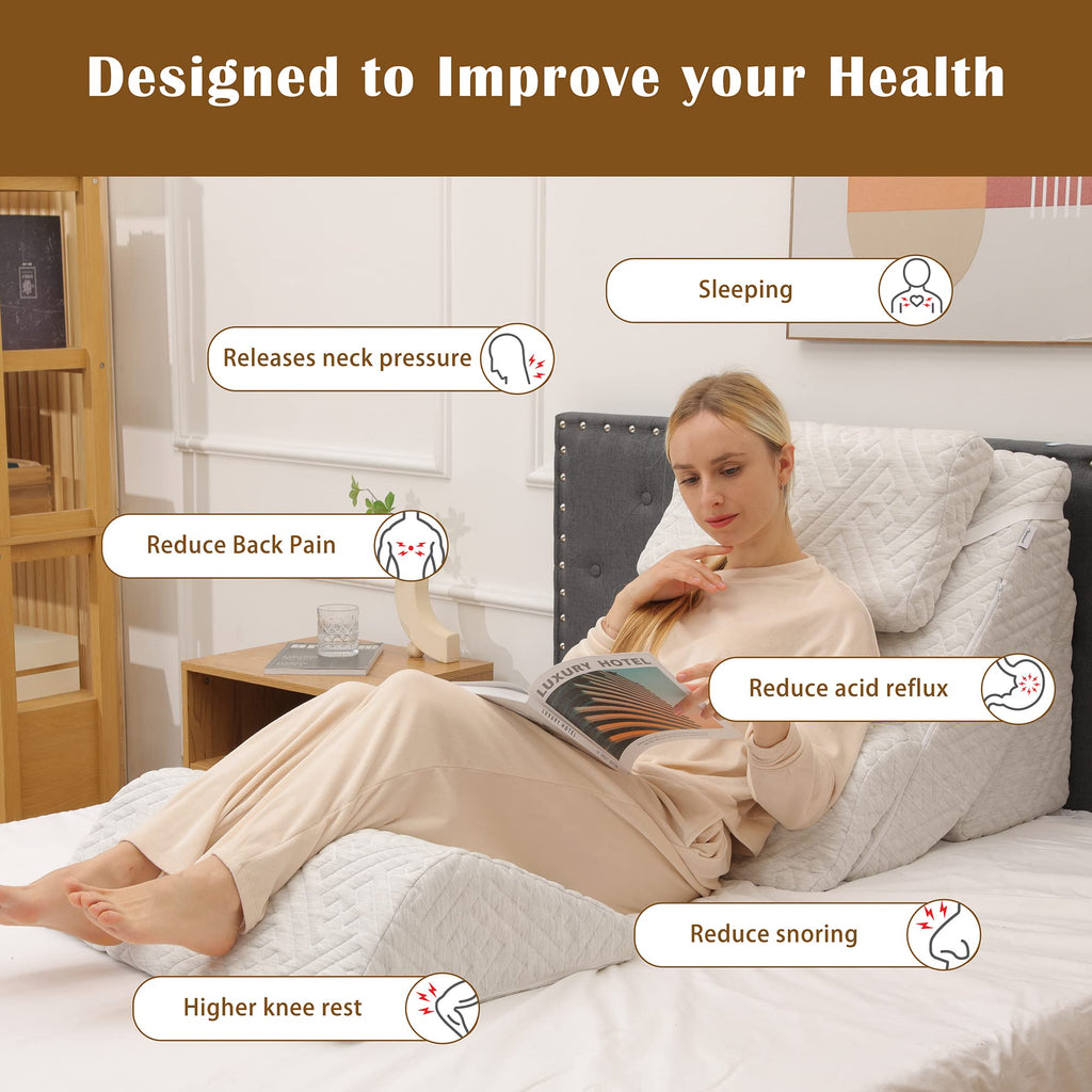 Betterhood 5pcs Orthopedic Bed Wedge Pillow Set, Adjustable Memory Foam, Post Surgery Foam for Back Neck & Leg Pain Relief Support, Acid Reflux, Snoring Reading, Sleeping, Sitting up, Grey
