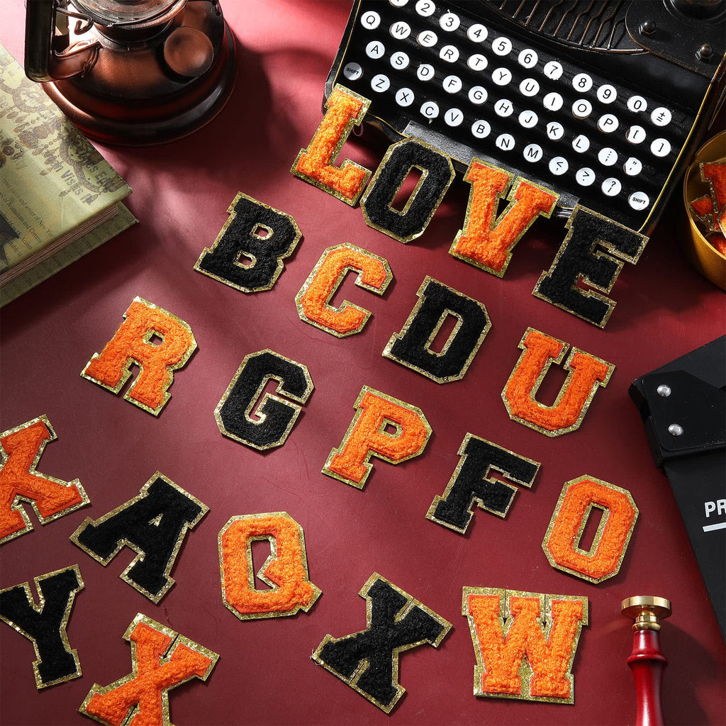 WILLBOND 52 Pcs Chenille Letter Patches Bulk Self Adhesive Letter Patches for Backpacks Stick on Letters Embroidered Applique Patch for Clothing Hats Halloween Christmas Supplies(Black, Orange)