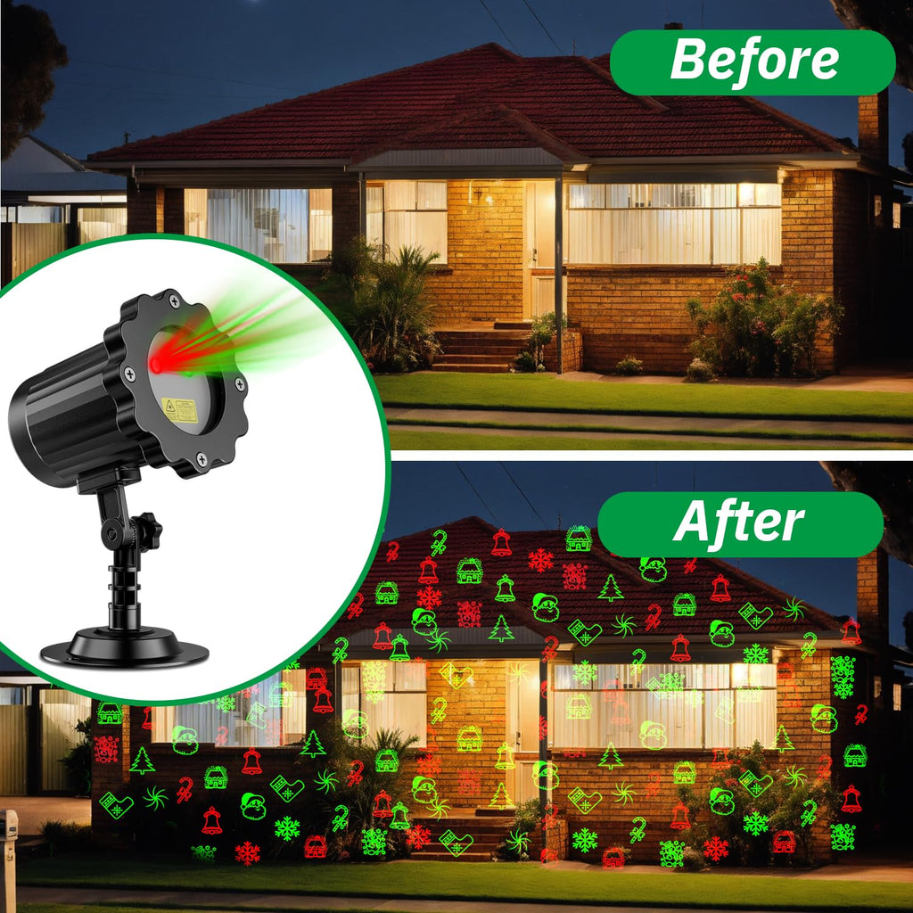 Christmas Laser Lights, Red Green Holiday Patterns Laser Light Projector with Rf Remote, Waterproof, Indoor Outdoor Decoration, Including Christmas Gift, Party, Gardens, Ceiling, Patio, Wall, Floor