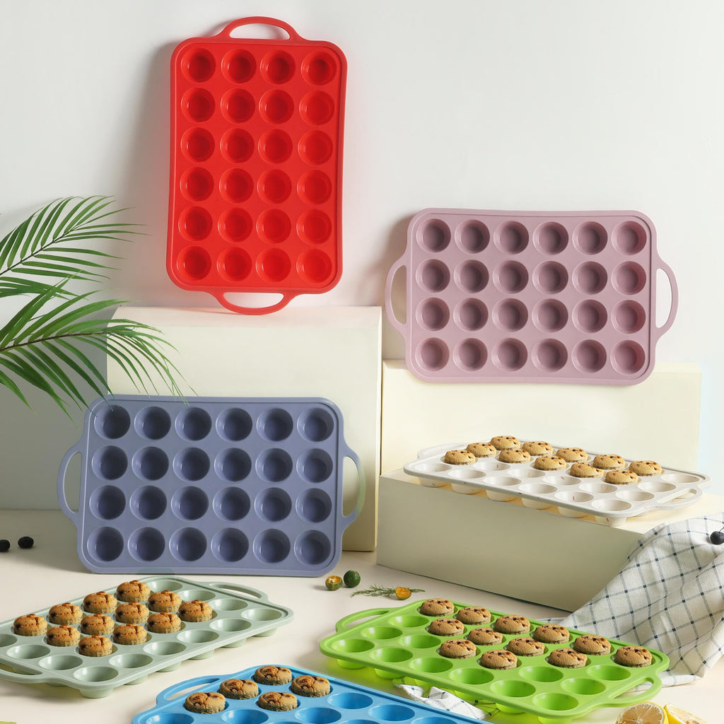 24 Cups Silicone Muffin Pan with Metal Reinforced Frame Mini Size Cupcake Pan Tray Egg Bites Silicone Circle Cookie Molds Muffin Tin Tart Pans Non Stick Toxic Oven Safe Baking Sheet Set