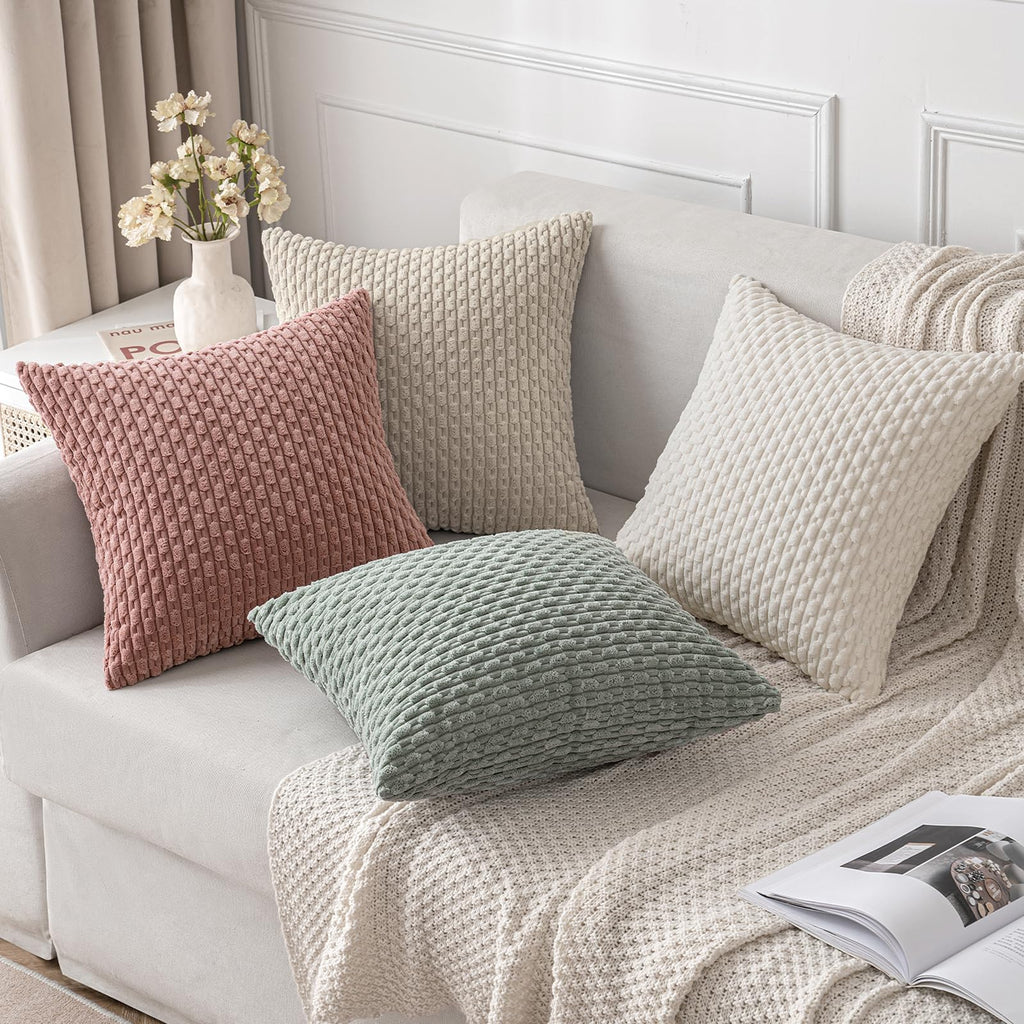 MIULEE Throw Pillow Covers Soft Corduroy Decorative Set of 2 Boho Striped Pillow Covers Pillowcases Farmhouse Home Decor for Christmas Couch Bed Sofa Living Room 12x20 Inch Cream White