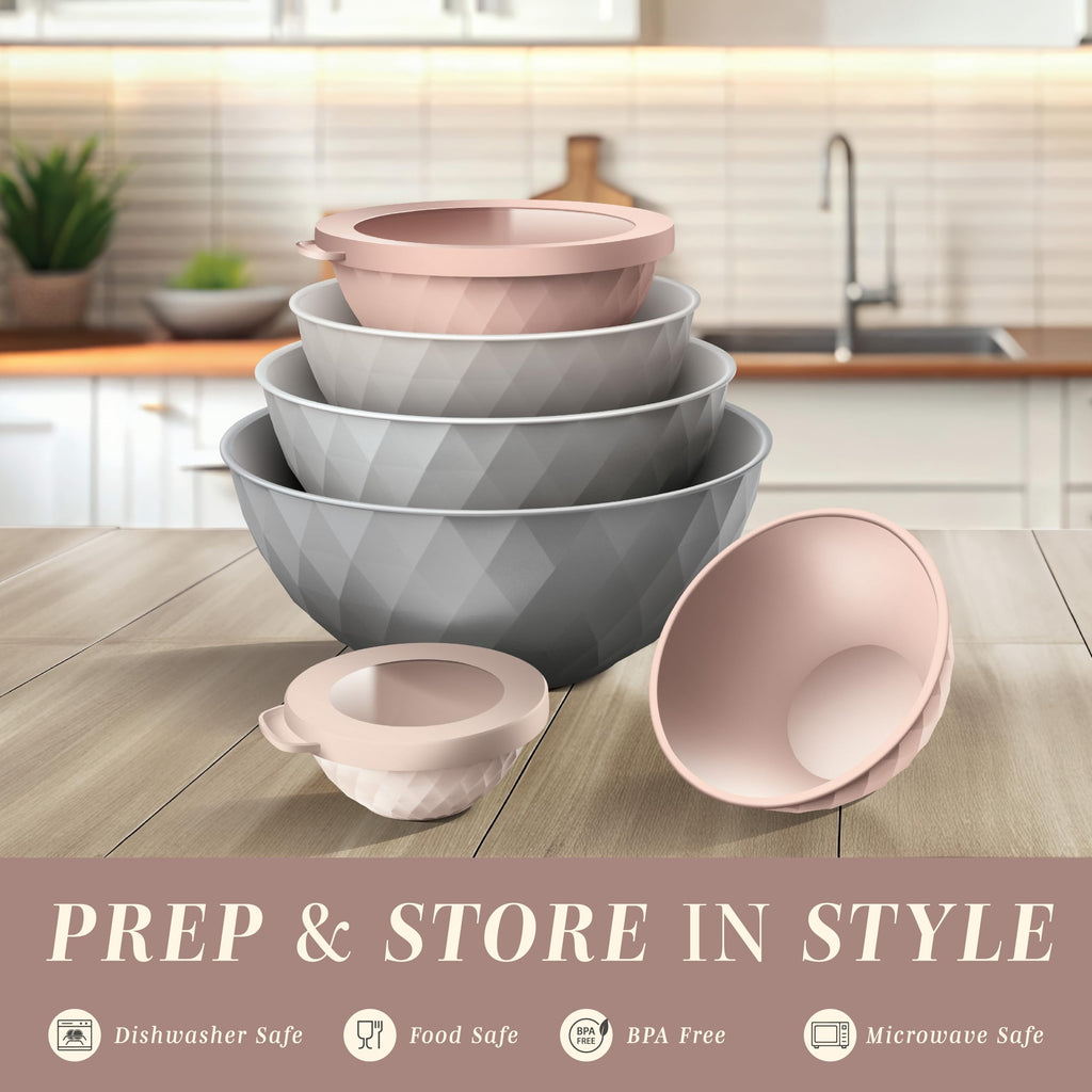 COOK WITH COLOR Mixing Bowls with Lids - 12 Piece Plastic Nesting Bowls Set includes 6 Prep Bowls and 6 Lids, Diamond Design - Microwave Safe (Mint)