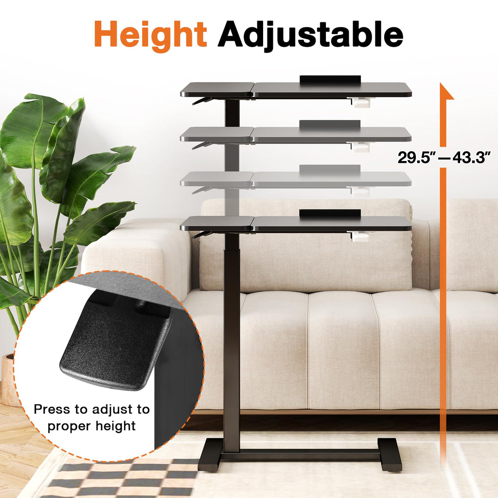 Sweetcrispy Overbed Bedside Table, Mobile Standing Desk Adjustable Height, Small Rolling Laptop Computer with Wheels, Tiltable Desktop with Tray for Hospital Office Bedroom Sofa Teachers, Black