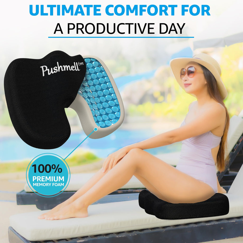 Pushmell Memory Foam Seat Cushion for Enhanced Comfort - Pillow Cushion with Cooling Gel, Extra Mesh Cover