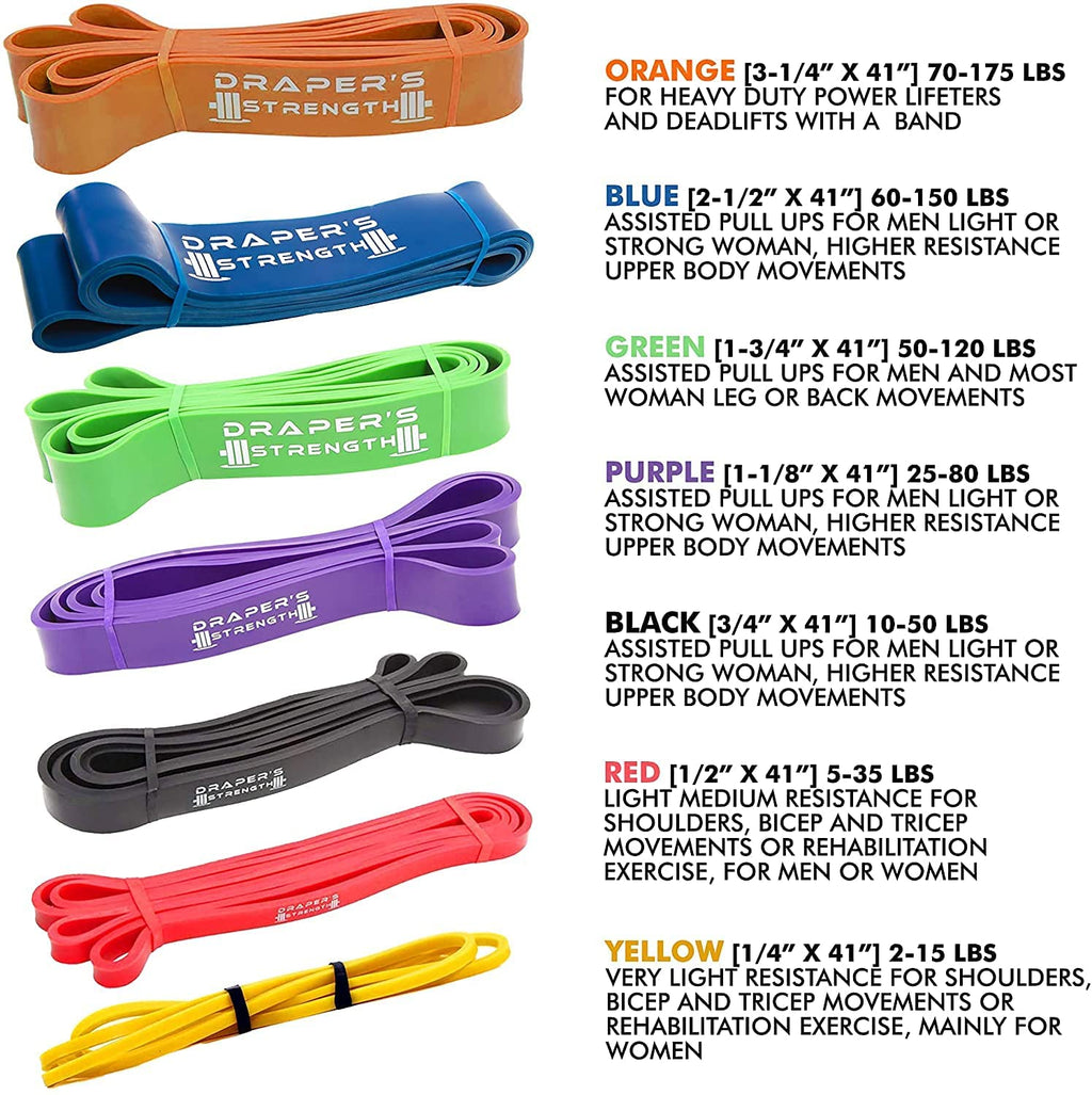 Draper's Strength Heavy Duty Pull Up Assist and Powerlifting Stretch Bands (Single Band or Set) 41-inch 6 Band Set (2-150 lbs)