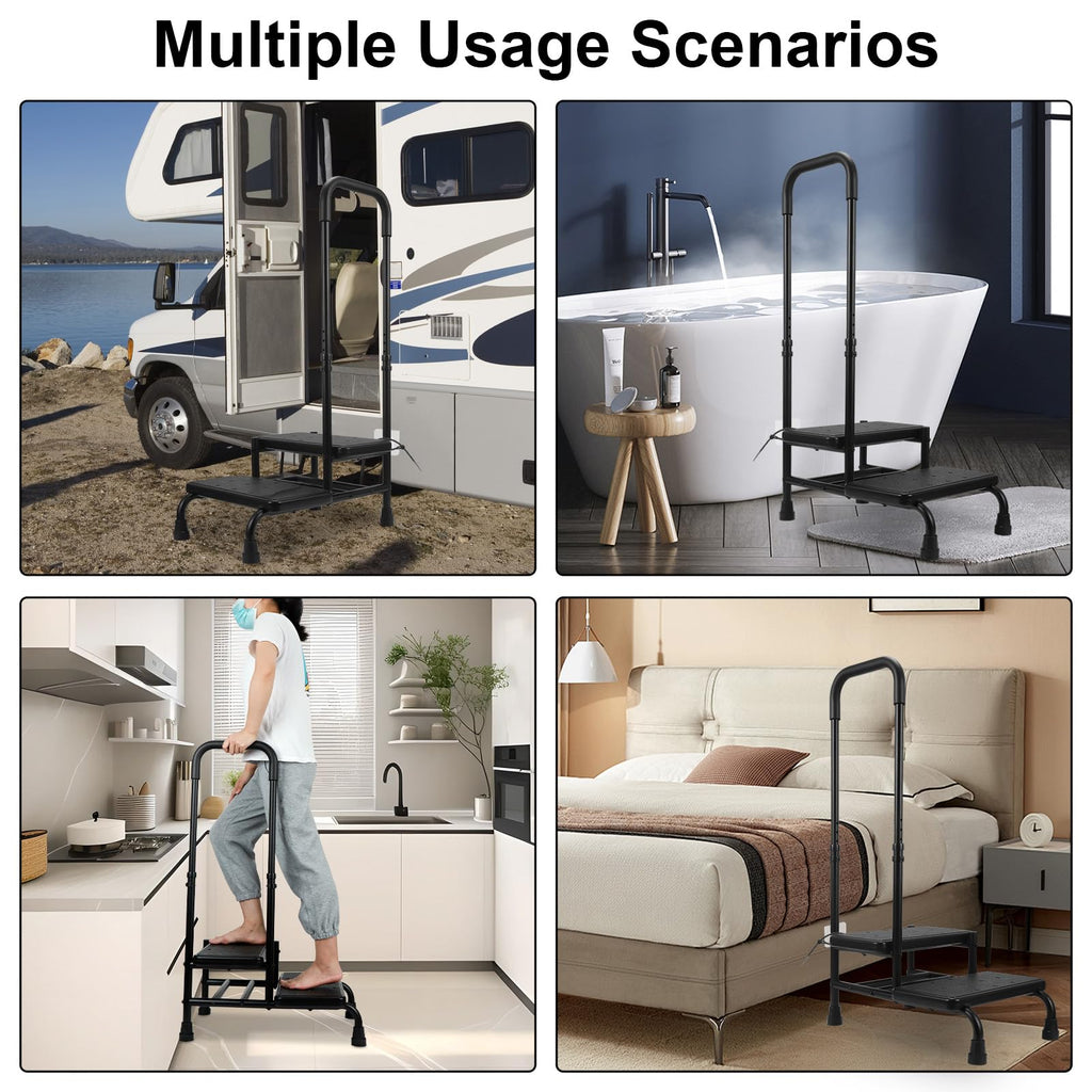 2 Step Stool with Handle for Elderly, Heavy Duty Step Stool with Handle, 4 Fixing Buckle and Adjustable Handrail, Bed Steps with a Hook for Adults Seniors Handicap, Hold up to 400LBS