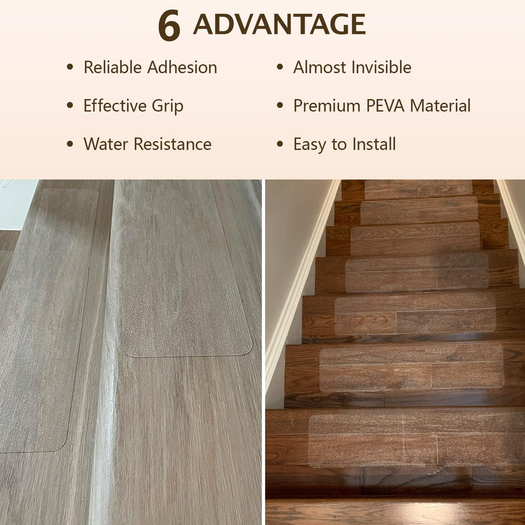 Wishtofly Clear Stair Treads Non Slip 30"x6", 18-Pack Anti Slip Stair Strips for Wooden Steps Indoor, Transparent Adhesive Pre-Cut Stair Step Grips, Safety for Elderly, Children and Dogs