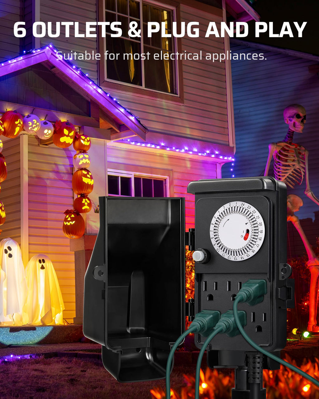 DEWENWILS Outdoor Mechanical Power Strip Timer, 24 Hour Multi Socket Timer, Waterproof 6 Outlet Garden Power Stake, 6 ft Cord, 1800W/15A Heavy Duty, for Garden, Halloween/Christmas Decoration Lights