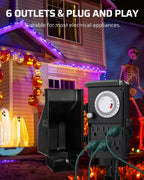 DEWENWILS Outdoor Mechanical Power Strip Timer, 24 Hour Multi Socket Timer, Waterproof 6 Outlet Garden Power Stake, 6 ft Cord, 1800W/15A Heavy Duty, for Garden, Halloween/Christmas Decoration Lights