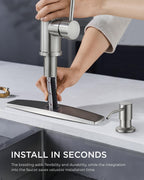 FORIOUS Kitchen Faucets with Soap Dispenser and Pull Down Sprayer, Brushed Nickel, Bar High Arc Single Handle Classic 3 Modes Stainless Steel Faucet for Kitchen Sink Farmhouse RV Laundry Camper