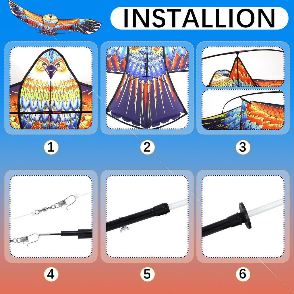 Sratte 2 Set Bird Scarer Flying Kite Eagle Deterrent Devices Outdoor Scare Birds Away Farm Protector Wind Power Professional Pigeon Scarer Eagle Kite with Pole for Lawn Crops (Blue, Colorful,Lively)