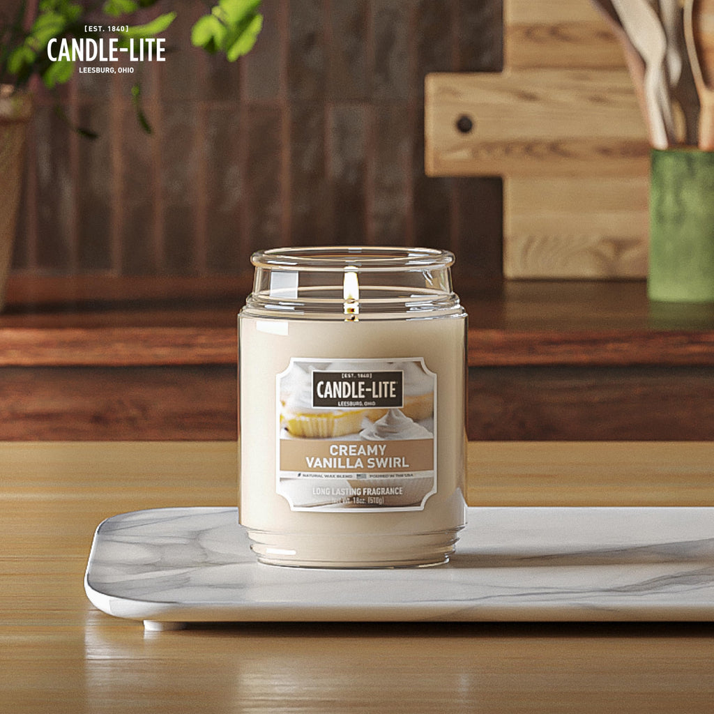 Candle-lite Scented Candles, Creamy Vanilla Swirl Fragrance, One 18 oz. Single-Wick Aromatherapy Candle with 110 Hours of Burn Time, Off-White Color