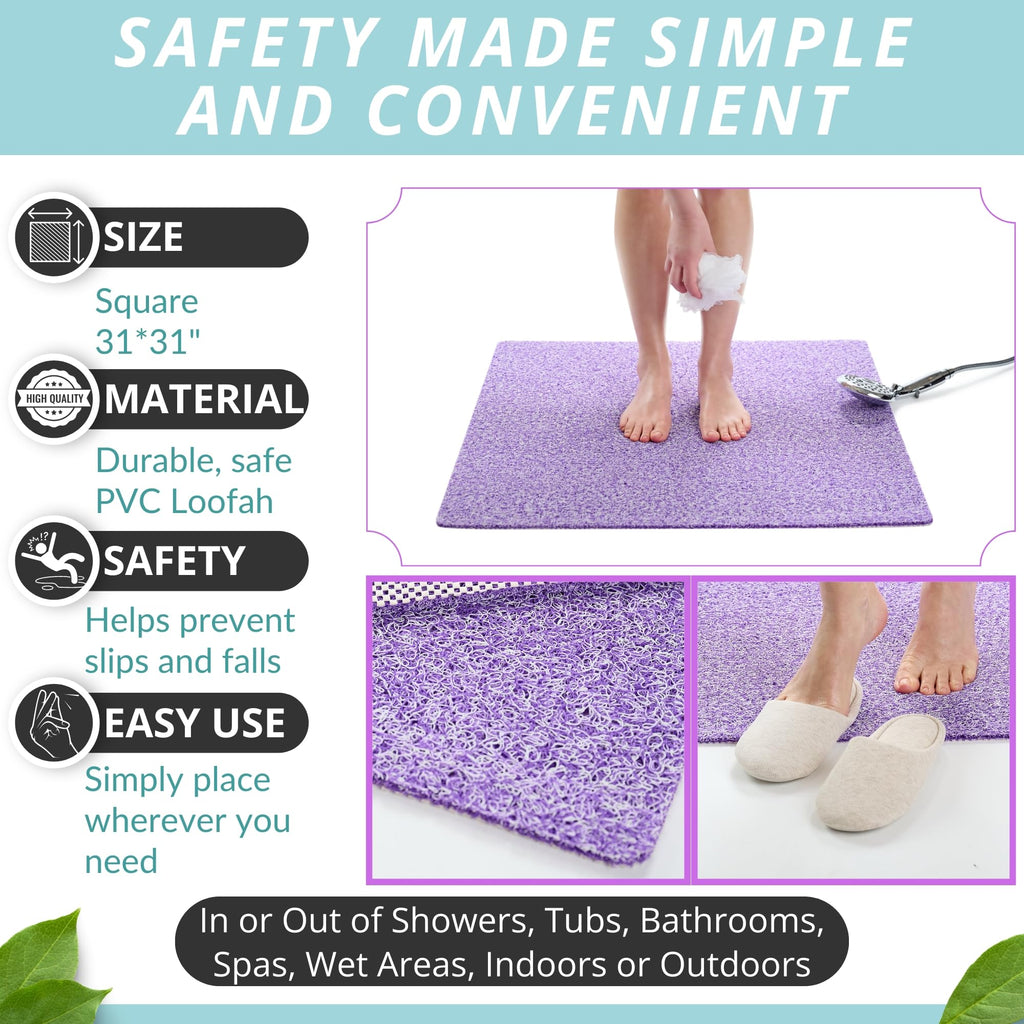 Square Shower Mat - Non Slip Shower Mats for Inside Shower - Extra Large 31x31 Shower Floor Mat Non Slip - Square Bath Mat for Shower - Secure Anti Slip Loofah Shower Bath Mat (31x31 Purple)