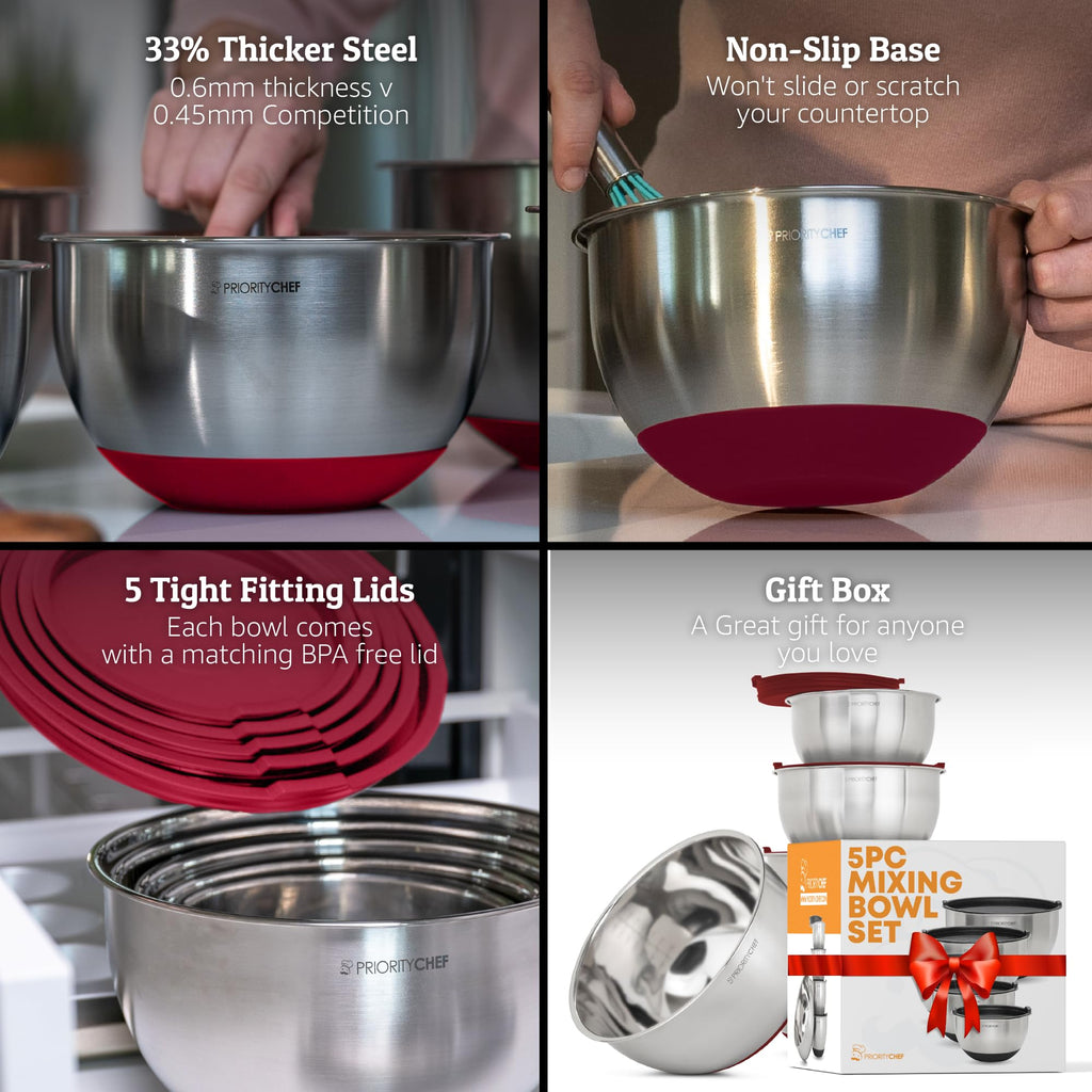 Priority Chef Premium Mixing Bowls With Airtight Lids Set, Thicker Stainless Steel Mixing Bowl Set, Large Prep Metal Bowls with Lids, Nesting Bowls for Kitchen, 1.5/2/3/4/5 Qrt, Red