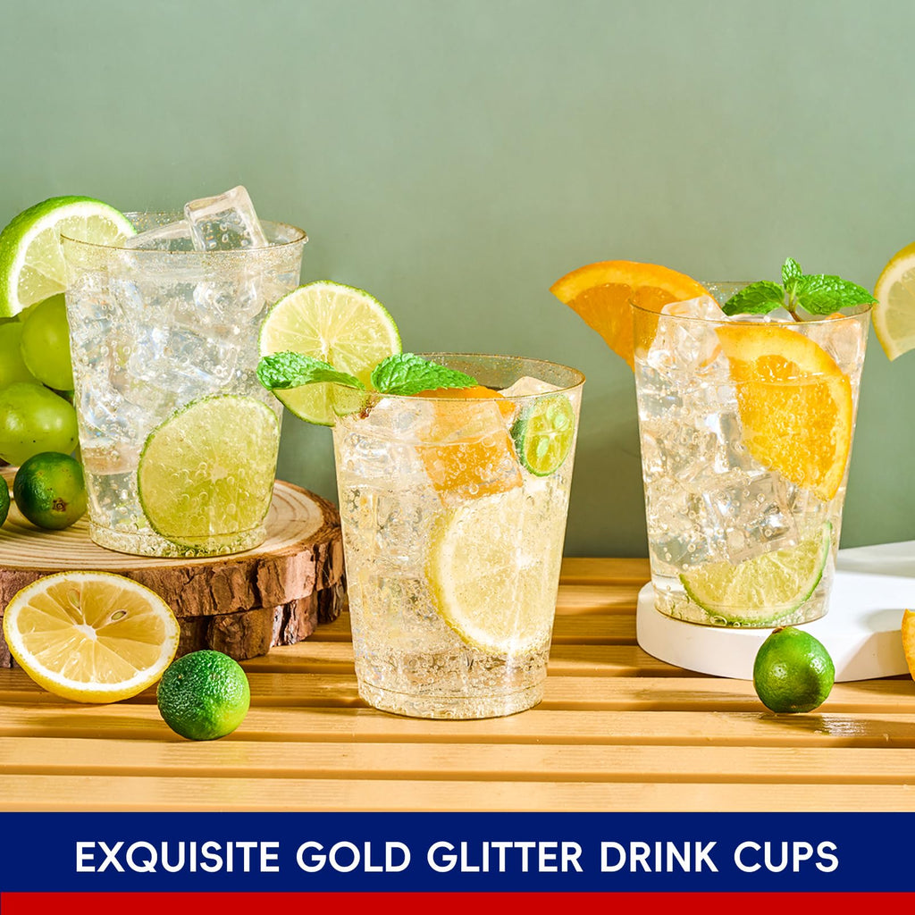 200 Pack 10 oz Gold Glitter Plastic Party Cups, Disposable Plastic Cups Tumblers, Gold Plastic Drinking Cups with Glitter Perfect for Wedding, Thanksgiving Day, Christmas Halloween Party Cups